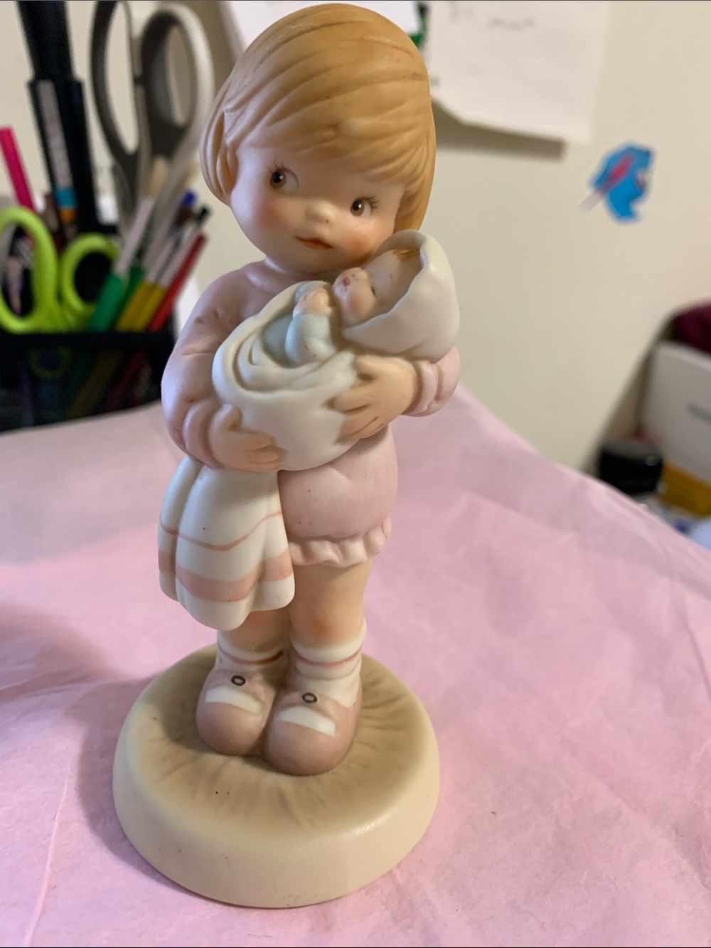 Charming Vintage Porcelain  Pink Girl with Baby Figurine